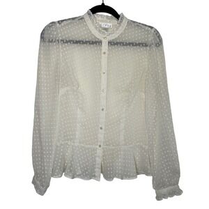 Ann Taylor LOFT Blouse Womens 6 Cream Swiss Dot Ruffle Peplum Top